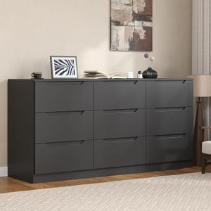 Winkalon 9 Drawer Dresser,62 Wide Chest of 9 Drawer Dresser, Modern Storage Cabinets with Large Wood Drawers for Bedroom, Living Room, Entryway, Hallway Black