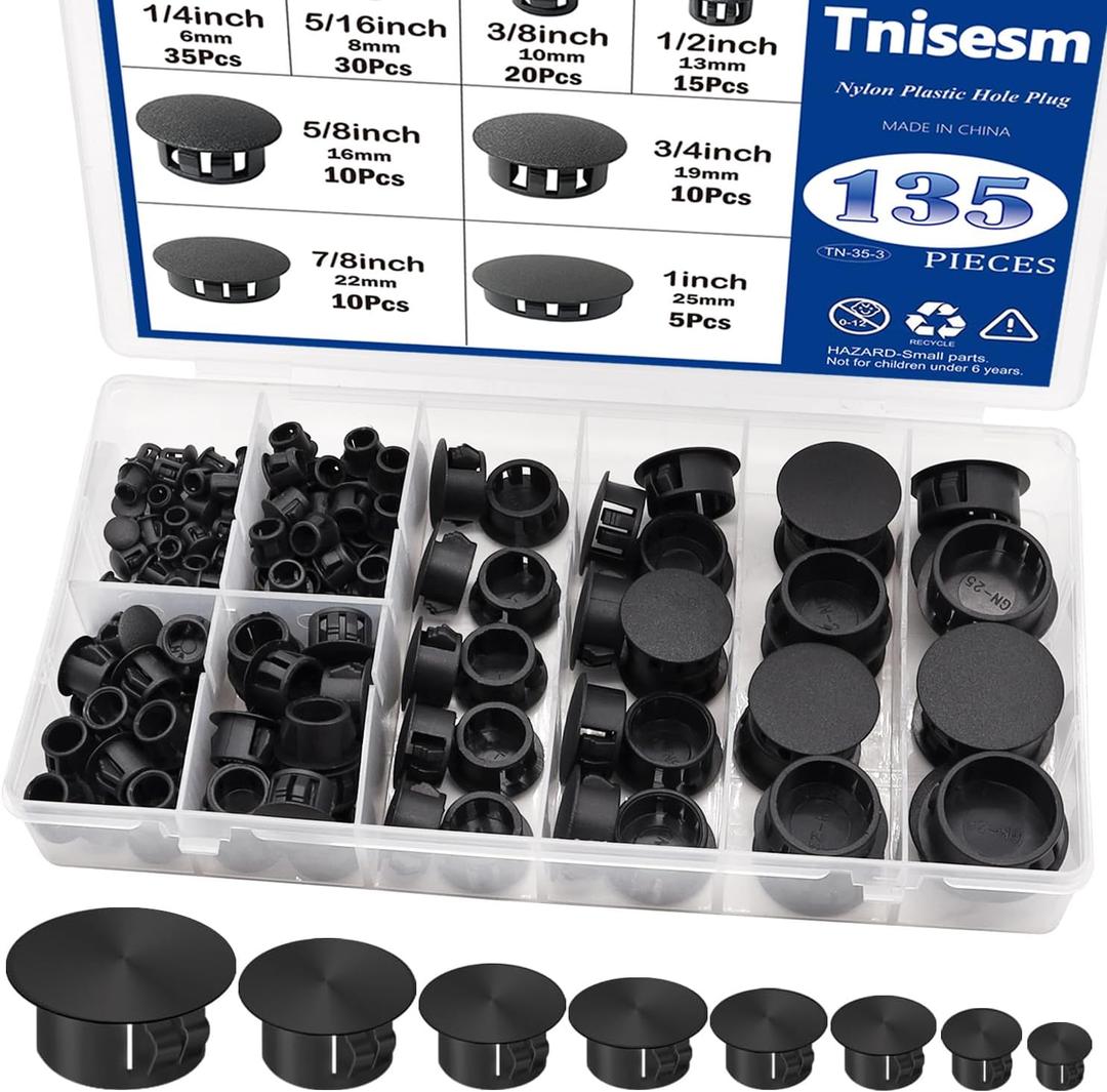 Tnisesm 135Pcs 8 Sizes Nylon Plastic Hole Plugs Black 1/4" 5/16" 3/8" 1/2" 5/8" 3/4" 7/8" 1" Round Drill Hole, Furniture Cabinet Insert End Caps Industrial Hardware Biscuits & Plugs