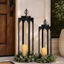24" 19" Large Decorative Lanterns, 2 Pcs Black Floor Lanterns with Candles | No Glass, Timer Remote Control, Outdoor Lanterns for Porch Patio, Fireplace Mantel Decor, Large Lantern for Indoor Outdoor