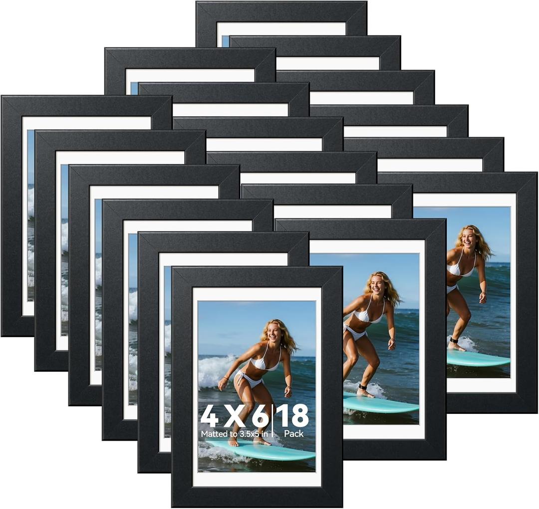 HappyHapi 4x6 Picture Frames Set of 18, Tabletop or Wall Photo Frames, Display Pictures 3.5x5 with Mat or 4x6 Without, Bulk Frames Collage (Black)