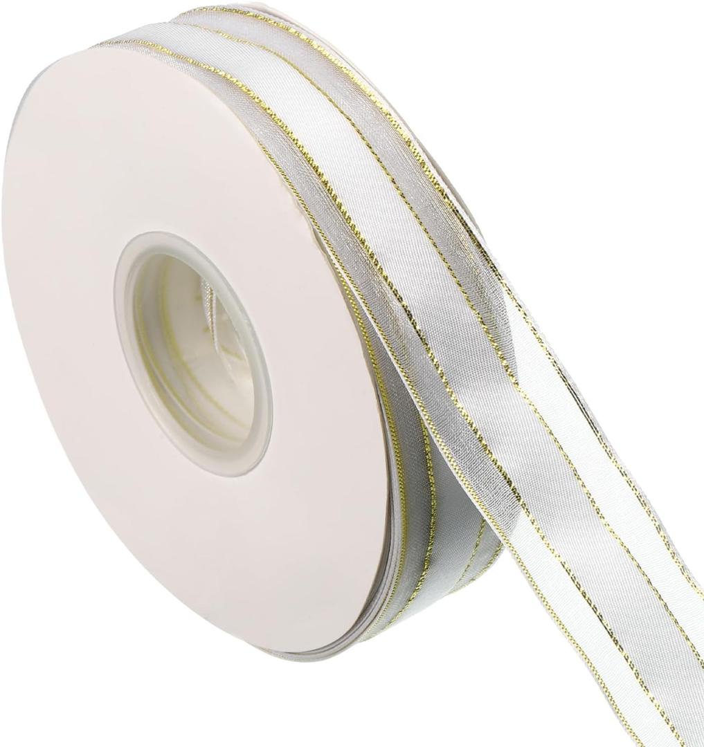 PATIKIL 1 Inch x 46 Yard Organza Chiffon Ribbon, Golden Edge Gift Wrapping Ribbon for Bouquet Cake Invitations Card Decor Home Party Decoration, White