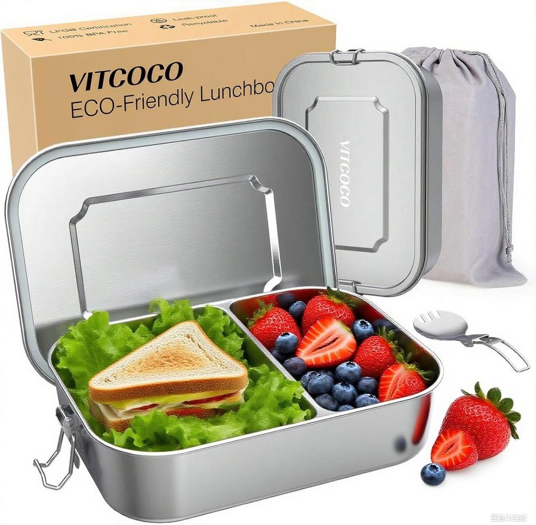 Stainless Steel Bento Lunch Box with Drawstring Storage Bag - 47oz/1400ml Metal Food Container, Partitionable, Leak-Proof, Dishwasher-Safe for Travel & Work
