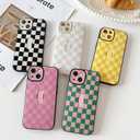 Yeddabox for iPhone 14 Case with Finger Strap Kickstand, Checkered Phone Case Full Camera Protection Shockproof Soft TPU and Hard PC Back Cover for Women Men, Pink and Green