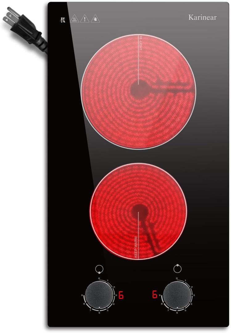 Karinear 110V Electric Cooktop 2 Burners Electric Stove 12 Inch Knob Control Countertop & Built-in Ceramic Cooktop, 9 Heating Level, Hot Warning, Over-Temperature Protection(Black Knob)