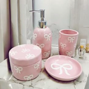 Pink Bathroom Set, 4 Pcs Ceramic Bathroom Accessory Sets - Soap Dispenser, Tumbler Toothbrush Holder, Vanity Soap Tray, Cotton Swab Jars - Pink Bathroom Decor Gift for Her (Pink)