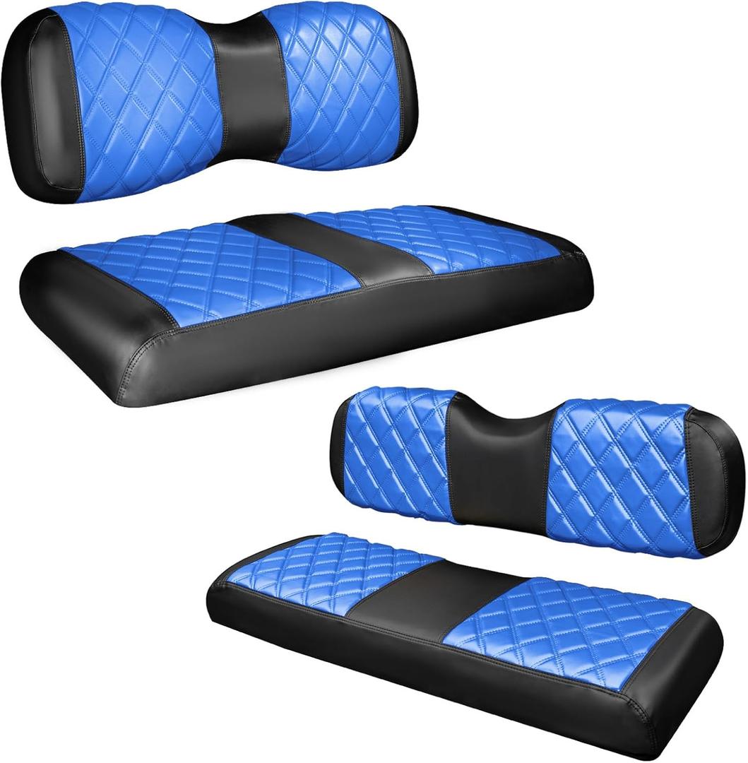 NOKINS 4PCS Golf Cart Diamond Seat Covers Kit,Front and Rear Seat Covers Fits for EZGO/Club Car/Yamaha Original Regular Seat Cushion, No Stapler (Blue and Black) For YAMAHA Drive/Drive2 Front and Rear