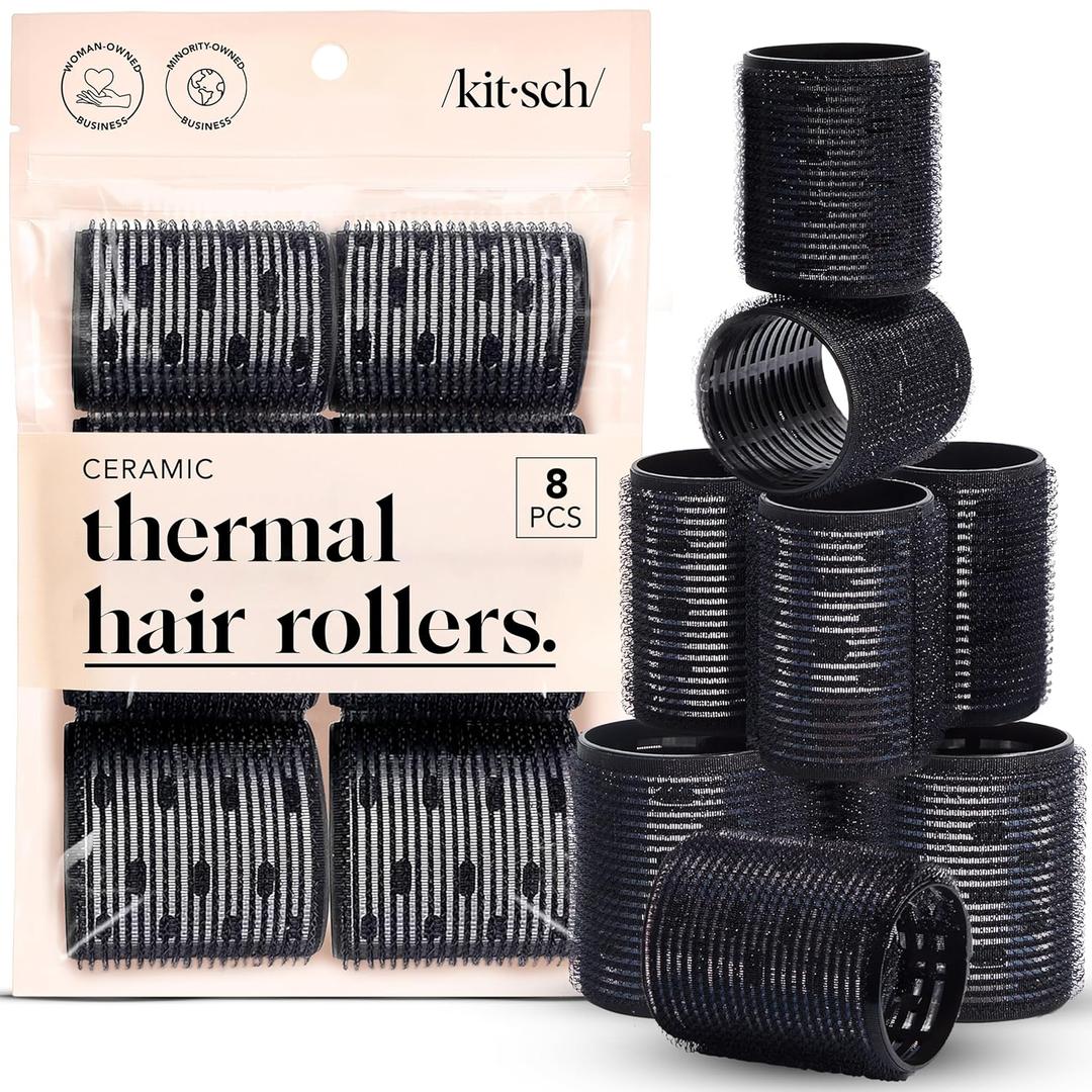 Kitsch Ceramic Hair Rollers for Women Self-Grip Hair Curlers for Heatless Curl Overnight, Long-Lasting Frizz-Free Curls, Volumizing Large Rollers for All Hair Types Black, 8 Count (Pack of 1)