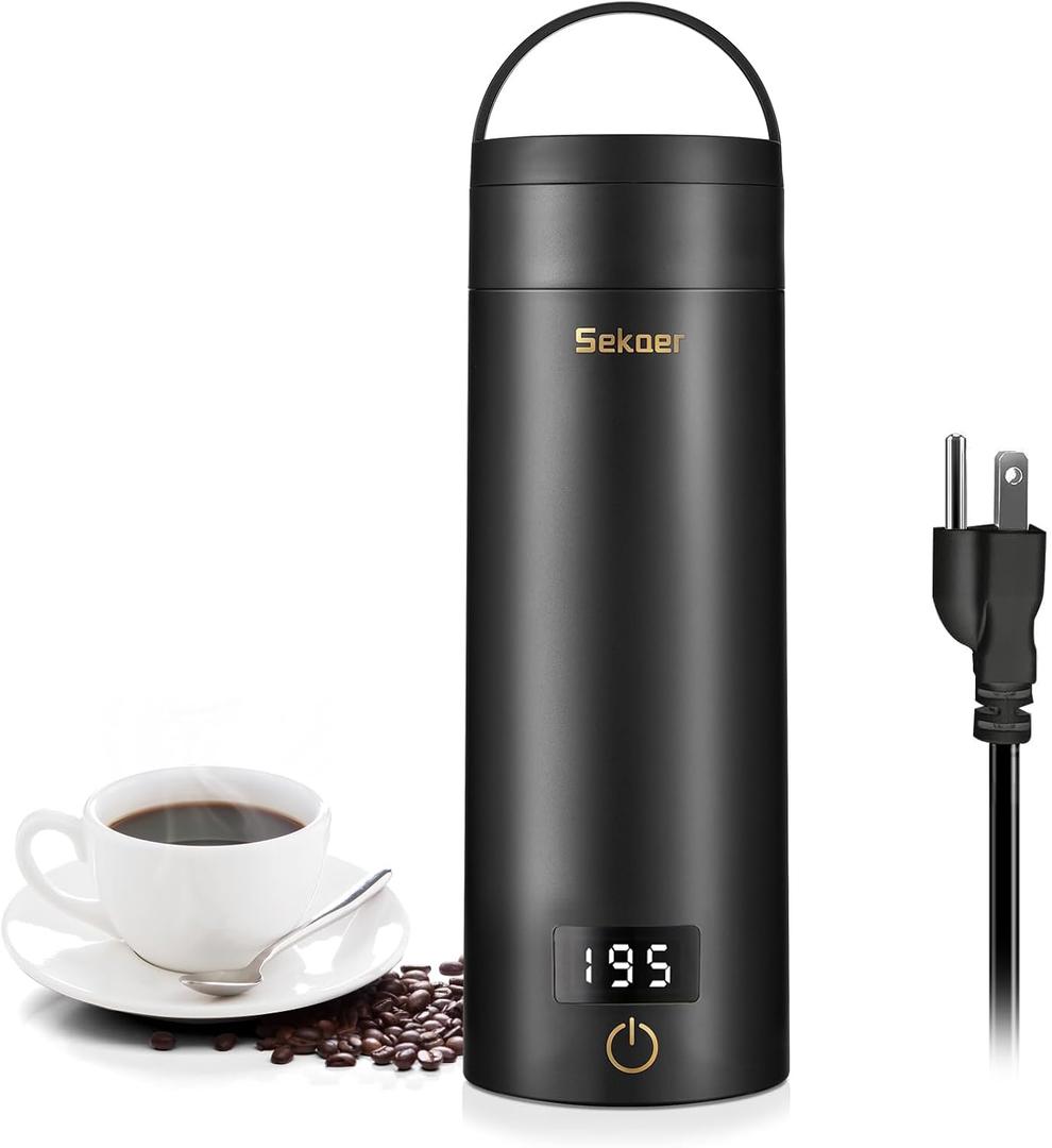 Sekaer Travel Electric Tea Kettle Portable Small Mini Coffee Kettle, with 4 Variable Presets, Personal Hot Water Boiler 304 Stainless Steel with Auto Shut-Off & Boil Dry Protection, SY-618B (Black Gold)