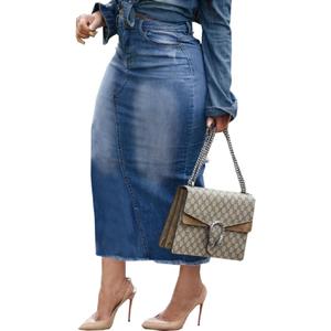 Women's Casual Slit Denim Midi Jean Skirt Stretch High Waisted Button Up Frayed with Pockets (X-Large, 2614blue)
