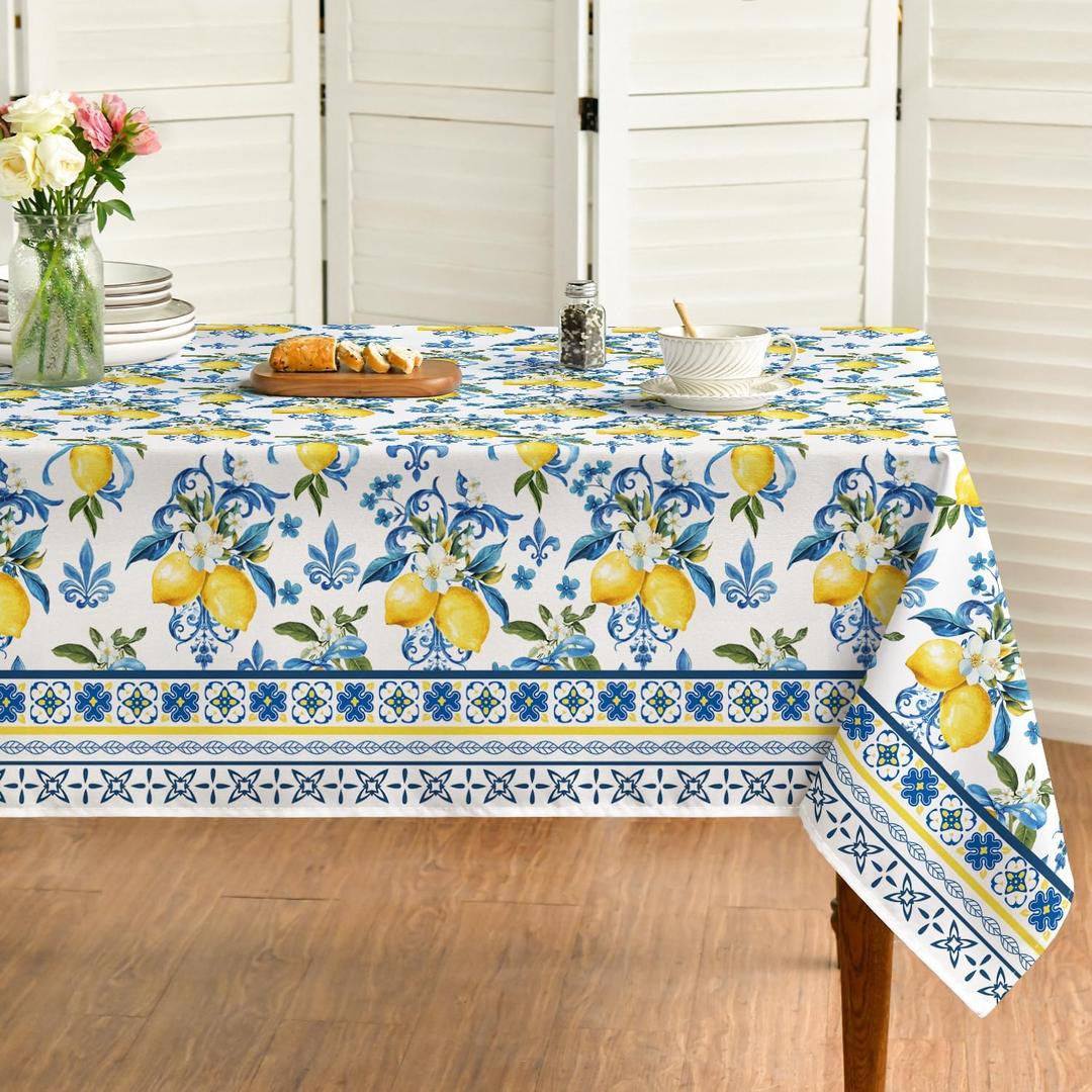 Horaldaily Summer Tablecloth 6060 Inch Square, Classical Iris Pattern Lemon Washable Seasonal Table Cover for Party Picnic Dinner Decor (Blue)