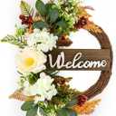 24 Inch Fall Wheat Floral Wreath with Welcome Sign for Front Door Artificial Boho Autumn Wreath with White Flowers Berries for Door Outdoor Indoor Wall Window Farmhouse Garden Porch Decor