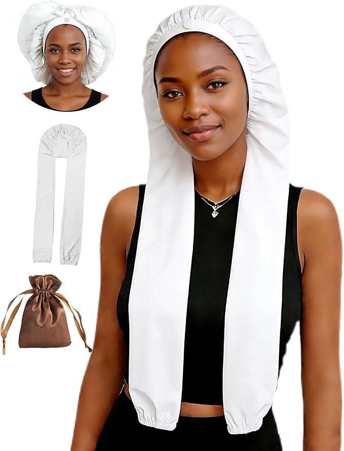 Samurai Hair Wrap with Two Sleeves, 2-in-1 Long Hair Bonnet for Sleeping, Secure Wrap for Long Braids & Locs White