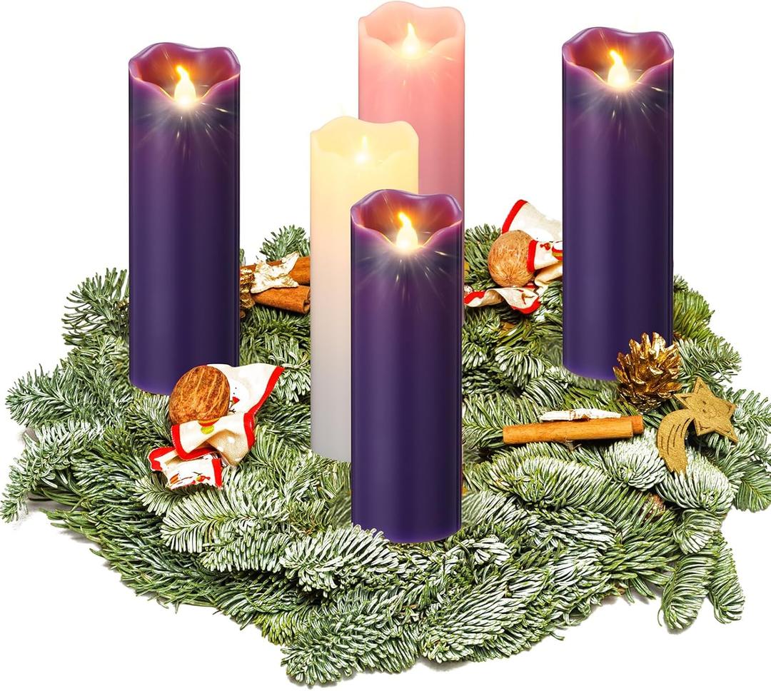 Cindeer 2 x 6 Inch Flameless Advent Candles Set of 5 LED Advent Pillar Wreath Candles Battery Operated Purple Pink Flameless Votive for Seasonal Celebration Rituals Festival Church Decoration