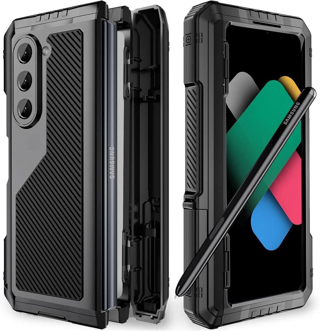 Simicoo Compatible with Samsung Galaxy Z Fold 7 Metal Case with Magnetic Hinge Protection S Pen Holder Screen Protection Military Rugged Heavy Duty Shockproof Case with Stand Tough Cover (Black)