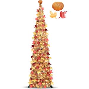 Timer & Pumpkin - 6 Ft Lighted Fall Tree Thanksgiving Fall Decorations for home, Pop Up Tinsel Maple Tree with 60 LED Orange Warm Lights Battery Operated Collapsible Thanksgiving Tree Porch Home Party