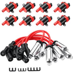 8Pcs D585 UF262 Ignition Coils Pack Round Type + 8Pcs 8mm Spark Plug Wire Set, Compatible with Chevrolet, Fit For GMC, Fit For Cadillac 1999-2007 4.8L 5.3L 6.0L, Replaces# 748UU 12622553 12656210