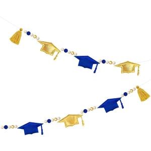 Blue Gold Graduation Decorations Pre-Strung Handmade Metallic Fabric Felt Grad Cap Banner Wool Felt Ball Wooden Beads Grad Hat Garland for Graduation 2026 Party Supplies Home Fireplace Mantle Decor