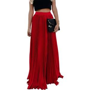 ebossy Women's High Waist Flowy Pleated Chiffon Maxi Skirt (Large, Red)