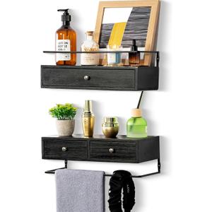 DreamPossible Floating Shelves - Wall Mounted Bathroom Shelf Set of 2 with Drawers, Rustic Wood Shelves for Bedroom, Living Room, Kitchen, Home Decor, Plants, Books (Black)