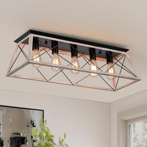31.5" Large Flush Mount Ceiling Light Fixture, X-Shaped Metal Cage Design, Dimmable 5-Light Close to Ceiling, Farmhouse & Vintage Industrial Style, for Dining Room, Kitchen Island, Living Room