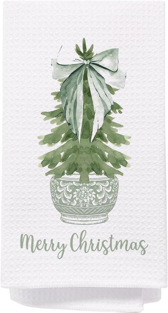 Merry Chinoiserie Christmas Kitchen Towels, Sage Green Porcelain Tree Hand Towels for Bathroom, Bow Dish Towels, Kitchen Bathroom Decor, 16x24 Inch