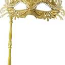 Masquerade Mask with Stick Mask Mardi Gras Mask Venetian Decorations Halloween Carnival Costume Mask for Women (Gold)
