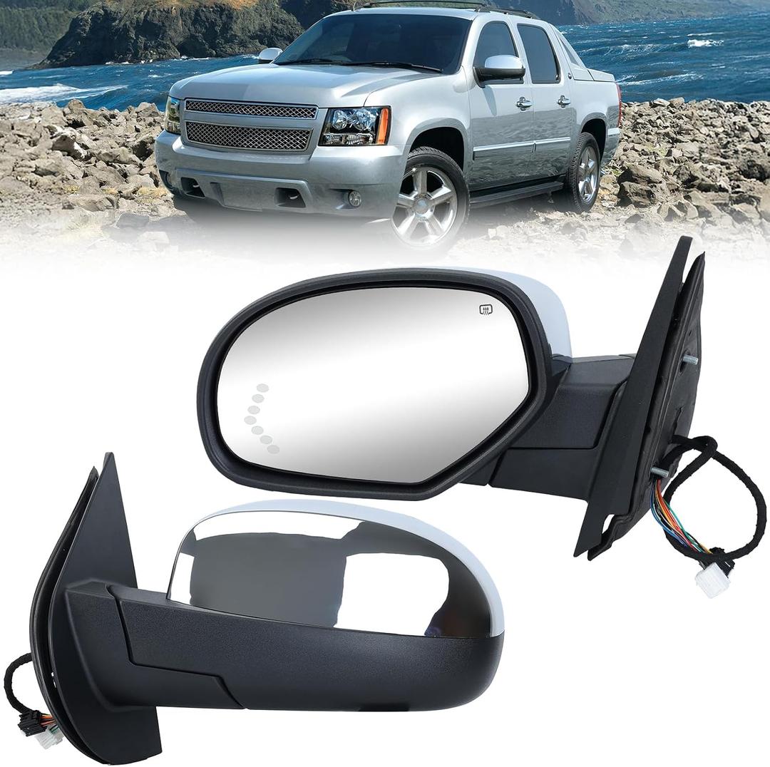 Chrome Driver Power Folding Side Mirror Compatible with 2007-2014 Chevy Suburban Tahoe Silverado Avalanche/GMC Yukon Sierra Heated/with Puddle Light/Turn Signal Indicator Left Mirrors