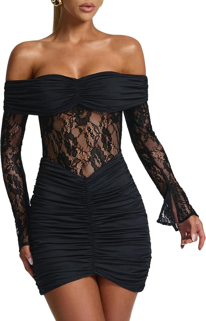 Women's Sexy Lace Off Shoulder Long Sleeve Bodycon See Through Night Out Party Mini Dress Small