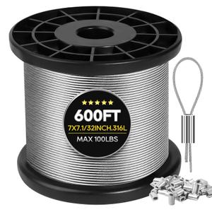 316 Stainless Steel Cable, 600FT 1/32IN Wire Rope 7 * 7 Strand with 150Pcs Aluminum Sleeves Stops, Guide Wire for Outdoor String Lights for String Lights Hanging, Clotheslines, Trellis (600FT)