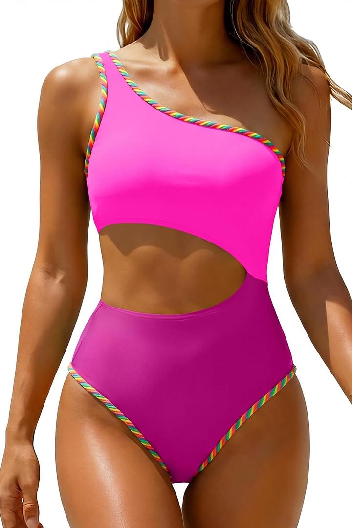 Women's One Piece Swimsuit- One Shoulder Cutout Tummy Control Bathing Suit (Pink, L)