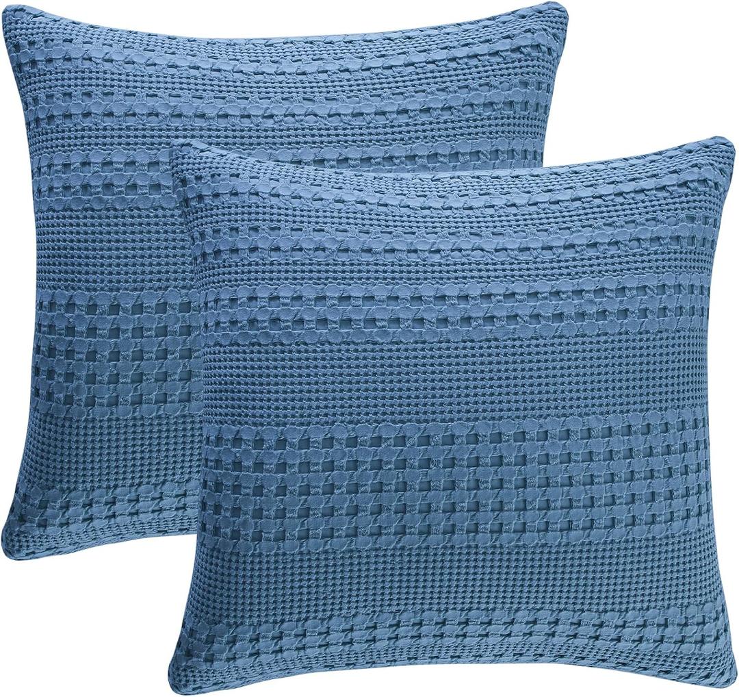 PHF 100% Cotton Waffle Weave Euro Sham Covers, 2 Pack 26" x 26" Bed Pillow Covers for Elegant Home Decor, No Filling, Luxury Aesthetic Soft Euro Pillow Cases for Bed, Captain's Blue