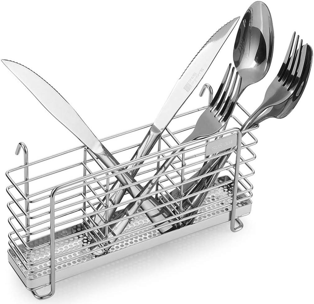 KESOL Sturdy 304 Stainless Steel Utensil Drying Rack Basket Holder with Hooks 3 Divided Compartments, Rust Proof, No Drilling (Small)