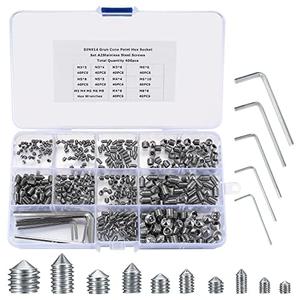 400 Pcs Set Screw Assortment Kit, Hex Allen Head Socket Cup Point Screws Set, Metric M3/M4/M5/M6/M8 Internal Hex Drive Grub Set Screws for Door Handles, Bathroom Fixture, with Hex Wrenches