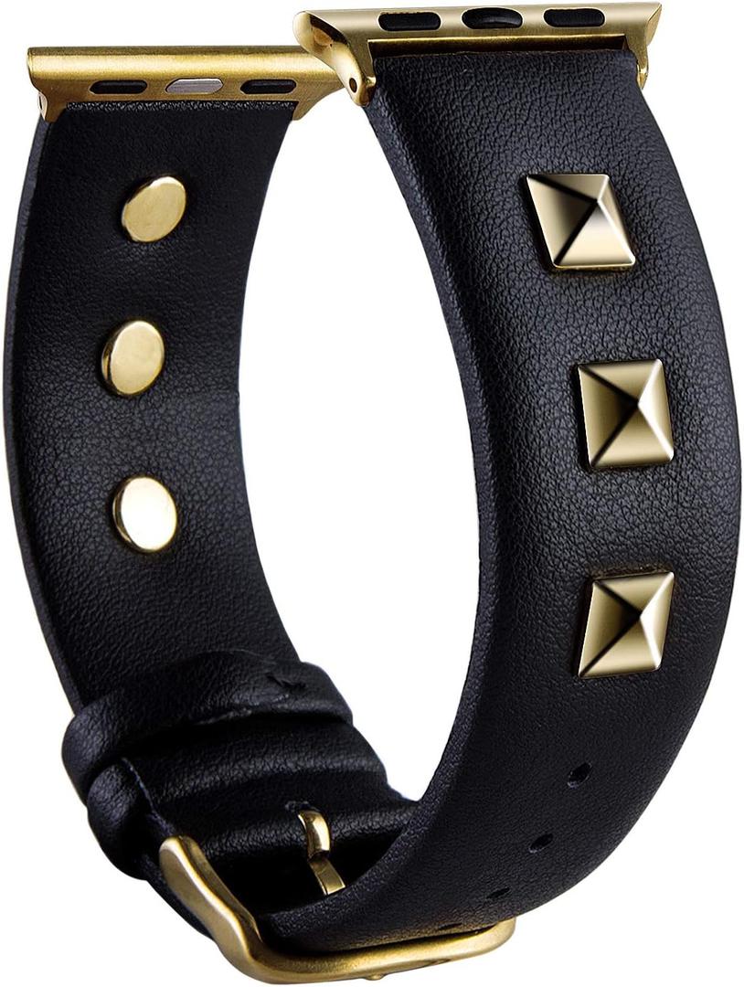Golden Rivets Studs Leather Bands Compatible with Apple Watch Ultra SE Series 8 7 6 5 4 3 49mm 45mm 44mm 42mm 38mm 40mm 41mm, Jewelry Bracelet Wristband Replacement Strap for iWatch Bands
