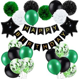 Birthday Decorations for Men Green and Black Party Decor Supplies Boy Including Happy Birthday Banner Confetti Latex Balloon Foil Balloon and Ribbon