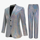 Nawgut Sequin Blazer Metallic Slim Suit 2 Piece Set Disco Prom Shiny Outfit Wedding Party Banquet Fashion Jacket Pant Size L