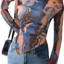 PRETTYGARDEN Womens Fall Trendy Off Shoulder Y2k Tops 2026 Tie Dye Mesh Long Sleeve Shirts Asymmetrical Ruched Floral Blouse (Beige, XXL)