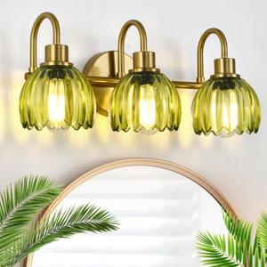 Brushed Gold 3-Light Wall Sconce, Green Flower Glass Shade