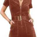 Women's Corduroy Mini Dress Short Sleeve Lapel Zip Up Belted Cowgirl Dresses with Pockets (Brown, XXL)