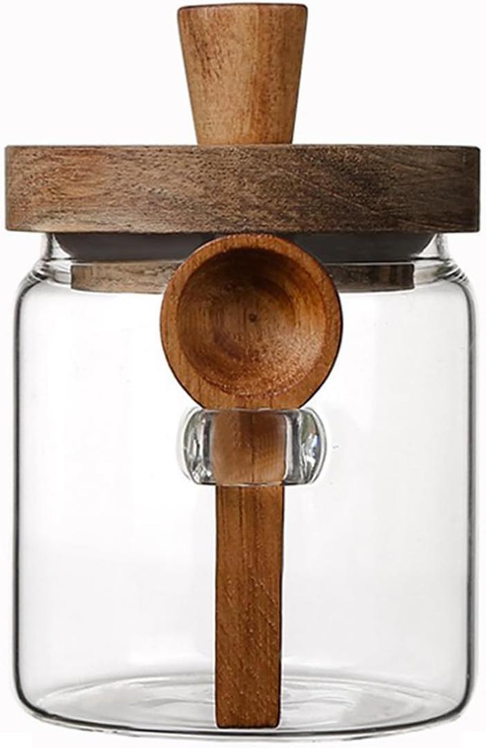 Coriario 13 OZ Glass Jar with Lid and Spoon Airtight Glass Candy Jars Wide Mouth Clear Glass Coffee Storage Canister Wooden Handle Lids for Food Sugar Cookie Tea Decorative