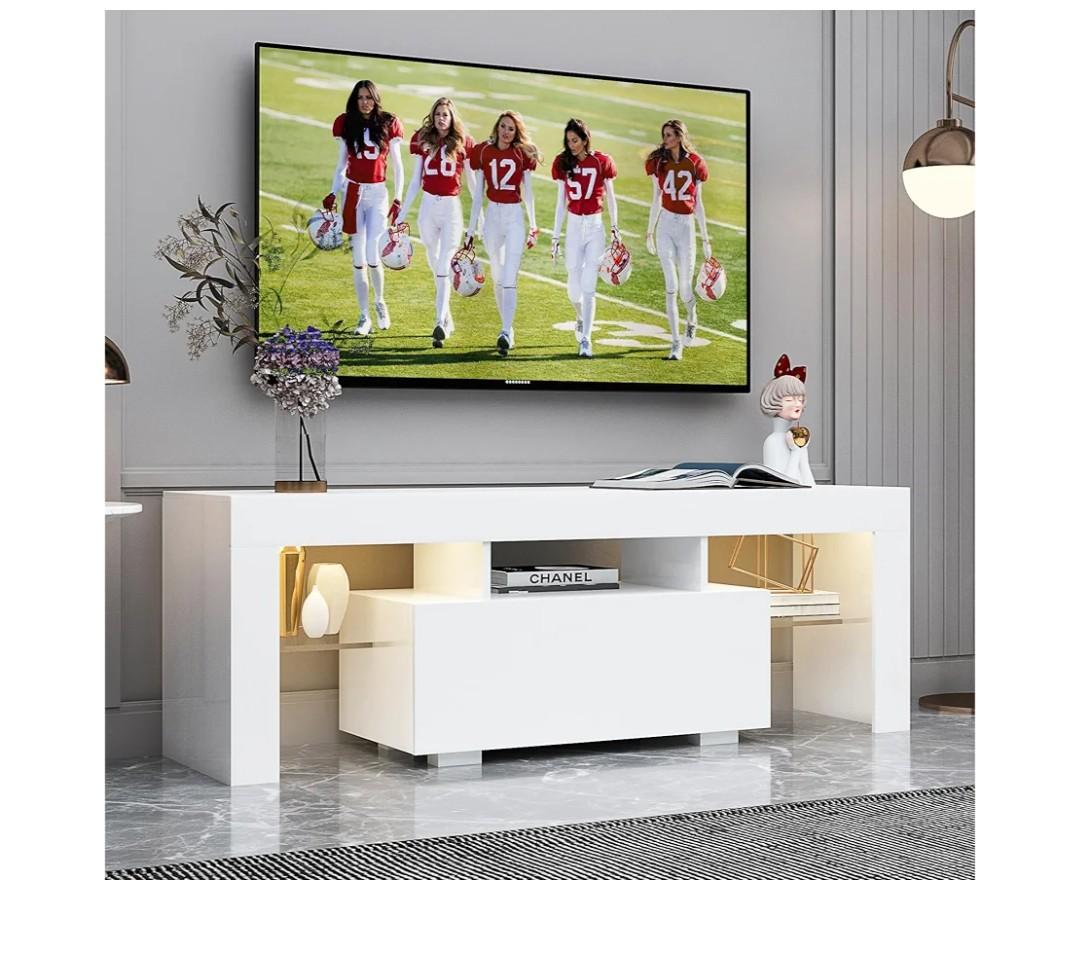LED TV Stand for 32–55 Inch TVs – 51" Modern Entertainment Center with RGB Lights, Glass Shelves & Large Storage Cabinet, White Media Console for Living Room or Bedroom Setup