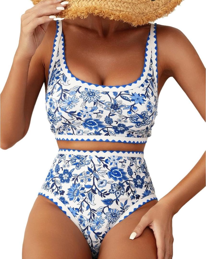 Herseas Women's Bikini Sets Floral Print Whip Stitch 2 Piece Swimsuits High Waisted Scoop Bathing Suits L