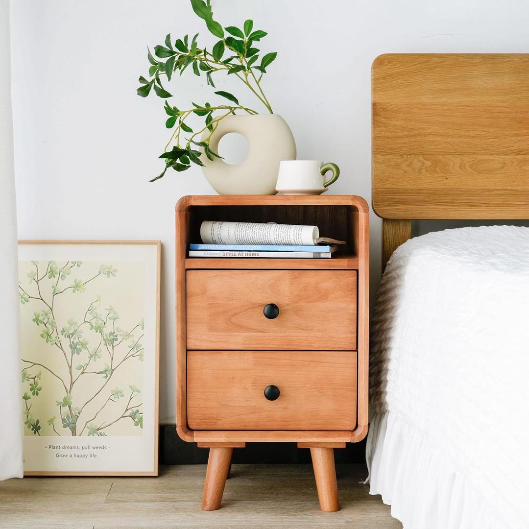 Nightstand, Solid Wood Night Stand, Mid Century Modern Side Table, 2 Drawers End Table w/Storage, Bedside Tables for Bedroom, 13.78 W x 13.78 D x 23.23 H Inches, Cherry Wood Color