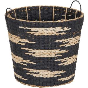 Household Essentials Large Round Woven Wicker Storage Basket with Handles | Black and Brown Geometic Design