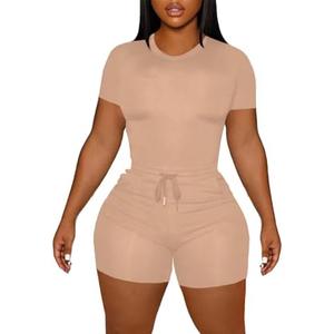 LovelyWholesale Women's Summer 2 Piece Outfits Skinny Shorts Tracksuit Sets L