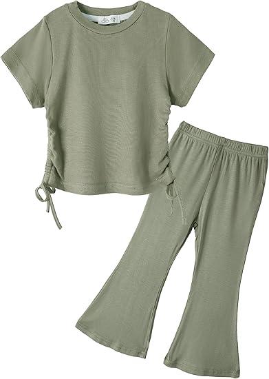 Miipat Toddler Girl Summer Clothes Short Sleeve shirring T-Shirt Flare Pants 2Pcs Baby Bell Bottom Outfits(GrassGreen,6-7Years)