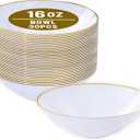 I00000 16 Oz 30 Count White Disposable Soup Bowls with Gold Rim, Plastic Bowls Disposable Premium Heavyweight Elegant Plastic Salad Bowl for Party