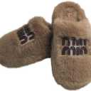 Cozy Faux Fur Slippers with Stylish Letter Embroidery Non-Slip Rubber Sole Soft Indoor Shoes for Home Brown (5-5.5 Women/4.5-5 Men)