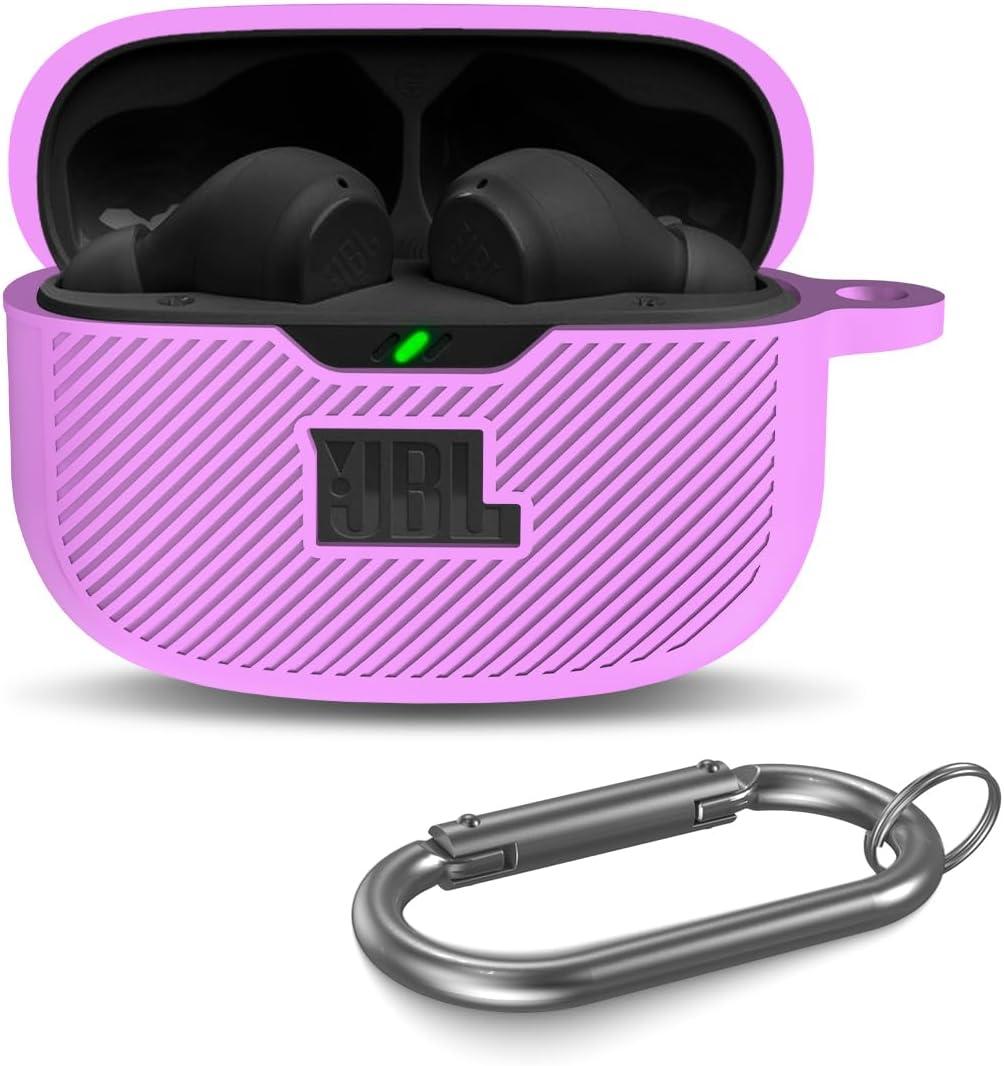 for JBL Vibe Beam/JBL Vibe Beam 2/ JBL Vibe 200TWS Case Cover, Silicone Scratch Resistant Logo Visible Cover Compatible with JBL Vibe 200TWS & Beam & Beam 2 Charging Case with Carabiner-Purple