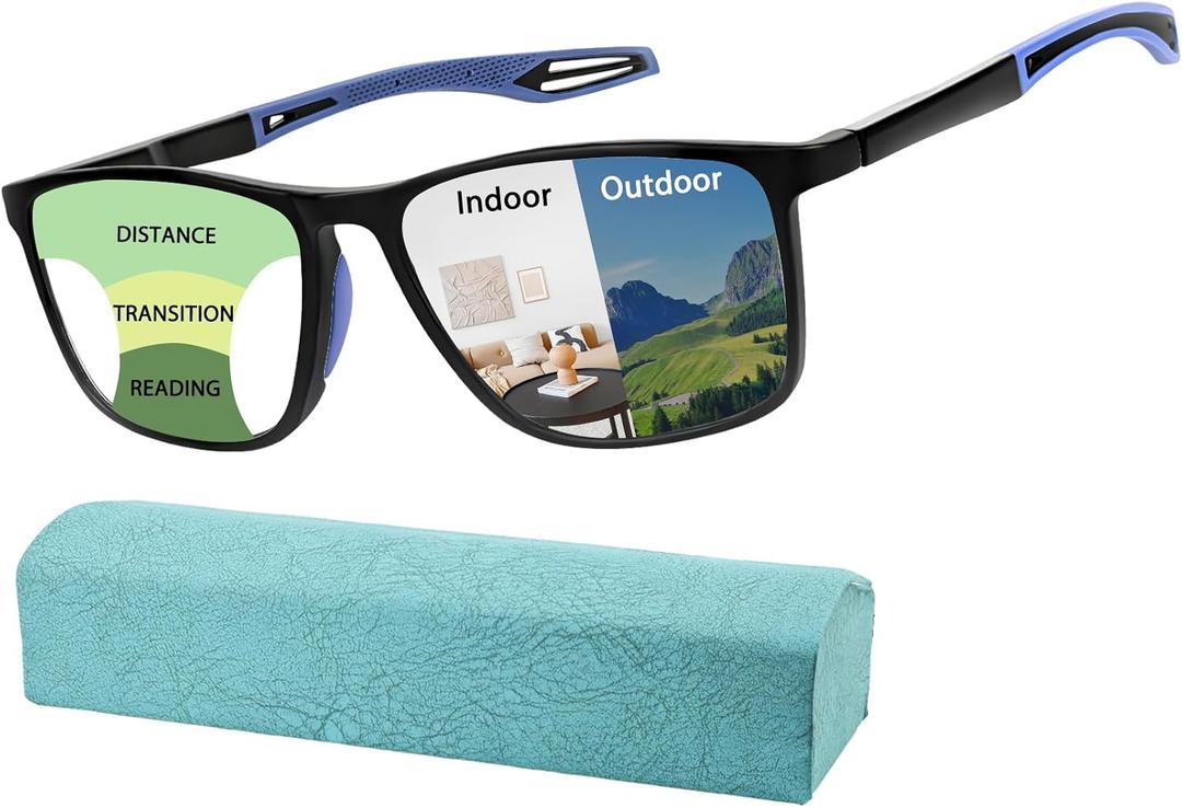 K.LAVER Photochromic Progressive Multifocus Reading Glasses Blue Light Blocking Multifocal Readers Spring Hinge Sunglasses, +2.50